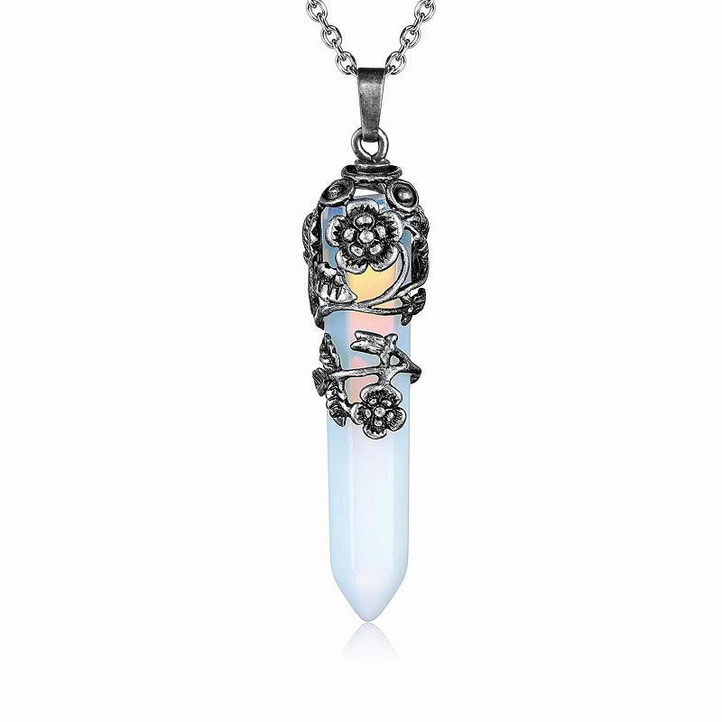 Silver Flower Wrapped Chakra Healing Crystal Necklace
